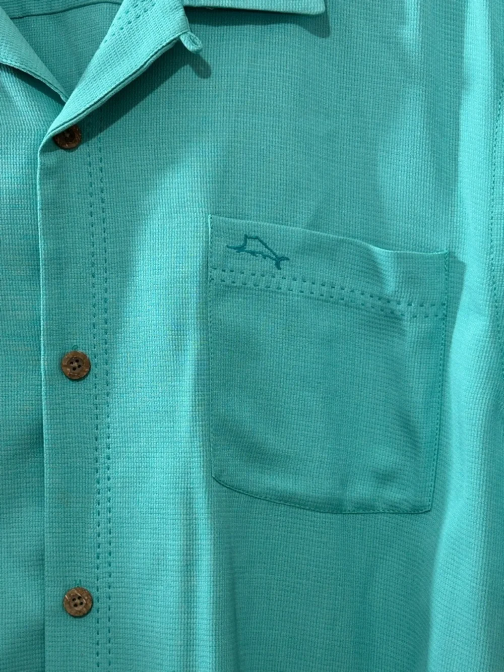 Tommy Bahama Men’s XL Silk Blend Camp Shirt Aqua Teal Coconut Buttons Shrt Slv - Picture 5 of 9
